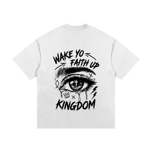 White t-shirt with black eye graphic and text on a white background