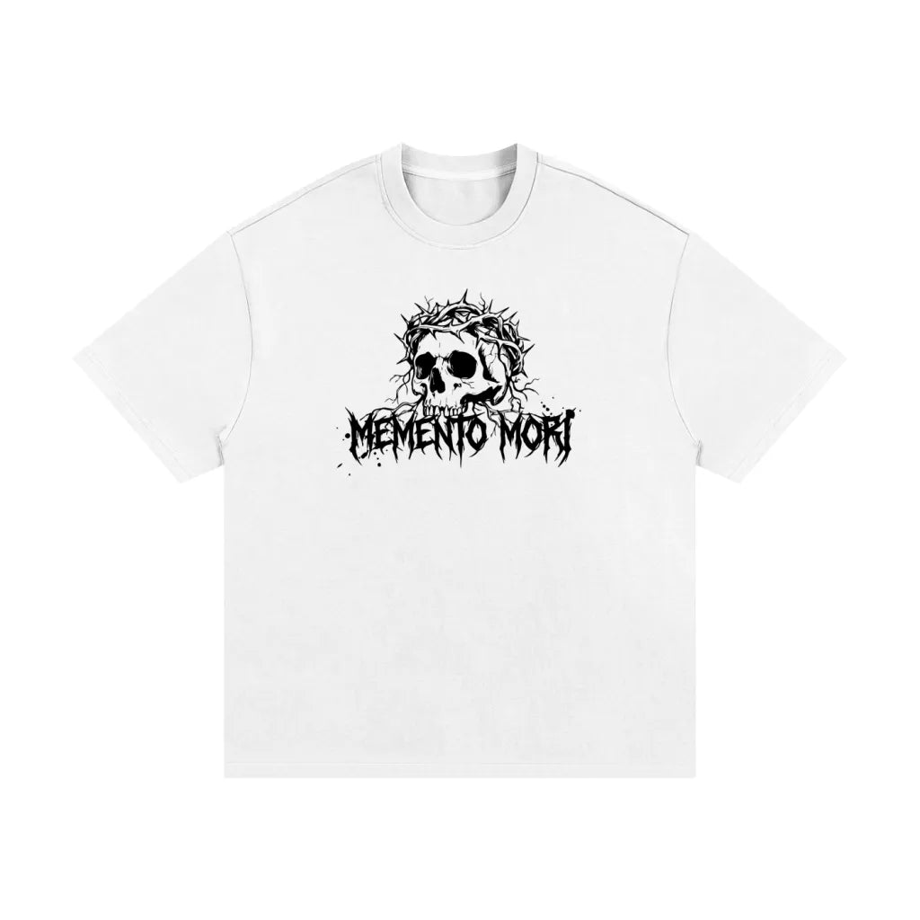 White t-shirt with a black skull design and 'Memento Mori' text on a white background