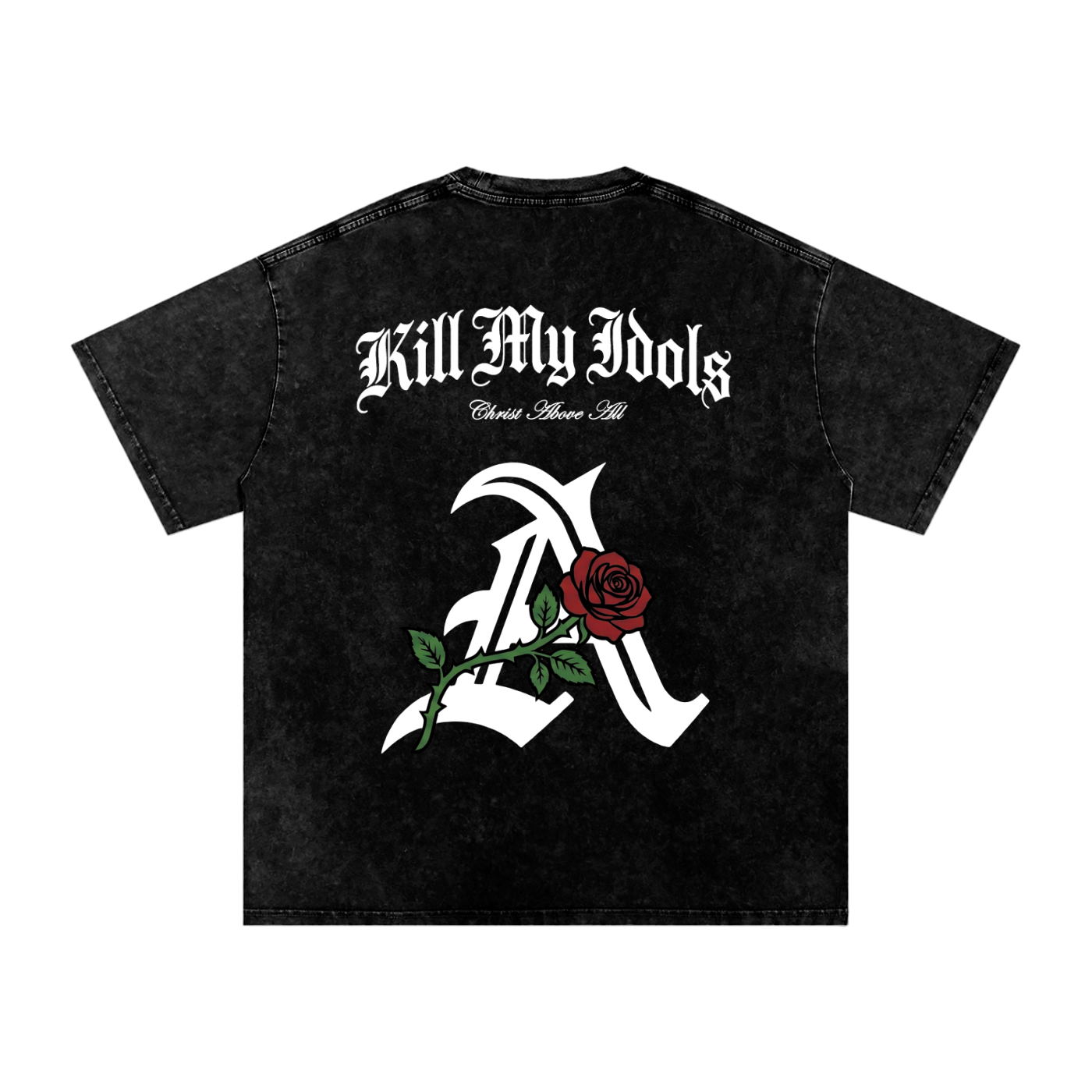 Black t-shirt with white text and design on a white background